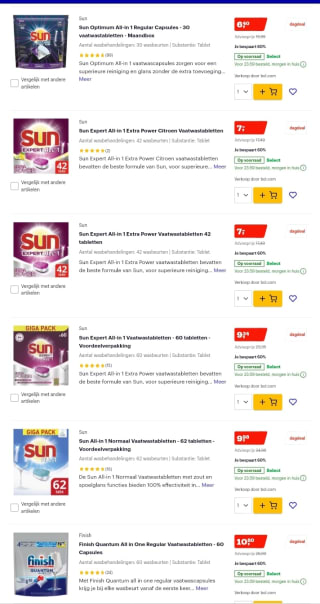 60% korting bij bol.com op vaatwasmiddelen van Dreft, Sun & Finish