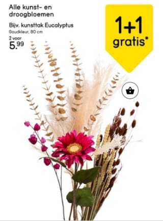 1+1 gratis op alle kunst- en droogbloemen bij Leen Bakker