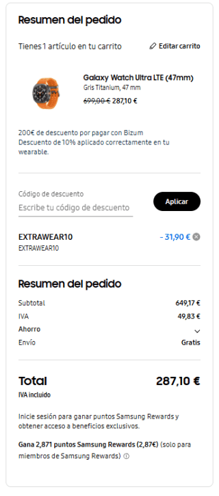 Samsung Galaxy Watch Ultra LTE (47mm) por 287,10€