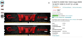 G.Skill Aegis F4-3200C16D-16GIS (2x8 GB) voor €26,04 bij Amazon NL