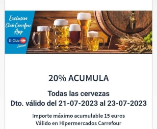 20% acumula en Cheque ahorro en Cervezas en Carrefour