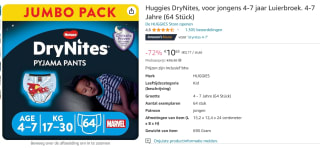 DryNites luierbroekjes - jongens - 4 tot 7 jaar (17 - 30 kg) - 64 stuks voor €10,65 bij Amazon