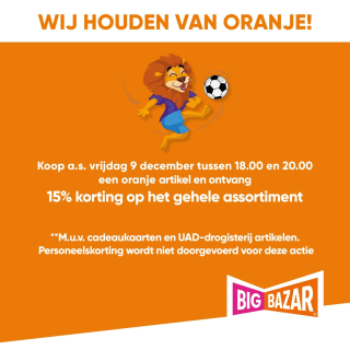 Ontvang 15% korting bij aankoop van een oranje artikel bij Big Bazar