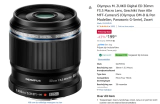 Olympus M.Zuiko Digital ED 30mm f/3.5 Macro voor €189,9 dmv code met Amazon prime