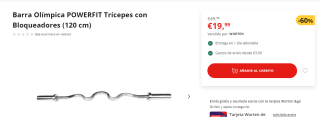 Barra Olímpica Powerfit Trícepes con Bloqueadores 120 cm por 19.99€