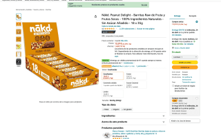 18 Barritas Nākd Peanut Delight Raw de Fruta y Frutos Secos sin azúcar 35gr por 11,82€