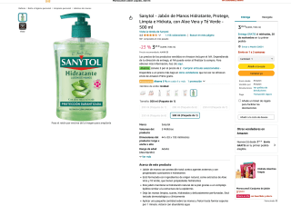 3 Jabón de manos Sanytol Hidratante con Aloe Vera y Té Verde 500ml por solo 6,90€