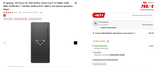 PC gaming HP Victus 15L TG02-1067ns, Intel Core i5-13400F, 16GB RAM, 512GB SSD + 1 TB HDD, Gráficos RTX 4060 Ti por 636,65€
