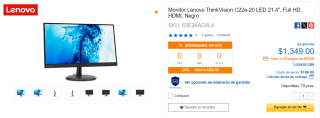 Monitor Lenovo ThinkVision C22e-20 LED 21.4" por $1,349 en CyberPuerta