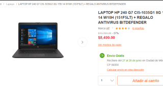 Laptop HP 240 G7 CI5-1035G1 + REGALO ANTIVIRUS BITDEFENDER por $8499