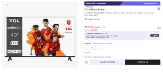 Televisor TCL 40S5400A 40" LED FullHD HDR10 Android TV por 210.37€ (Cuenta Nueva 198.37€)
