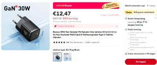 Baseus GaN5 30W Compacte Fast Charger USB-C Zwart voor €12,47 bij AliExpress