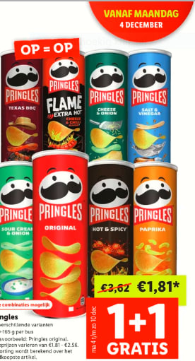 Verschillende smaken Pringles 1+1 gratis bij de Lidl
