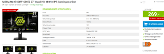 MSI MAG 274QRF-QD E2 27" Quad HD 180Hz IPS Gaming monitor voor €269 bij Megekko