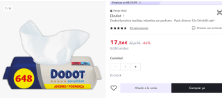 Pack x12 Dodot Sensitive toallitas infantiles sin perfume de 54 unidades por 17.55€