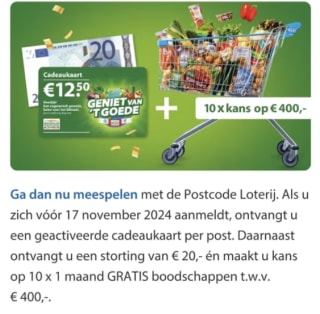 €20 cashback + € 12,50 Geniet van 't Goede cadeau kaart AH bij meespelen Postcode loterij