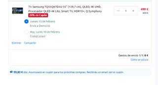 TV Samsung TQ55Q67DAU 55" QLED, 4K UHD + cupón 99,80€ + reembolso 50€ por 499€