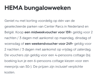 HEMA bungalowweken midweek of weekend Center Parcs vanaf €159