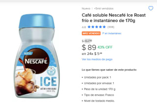 Café soluble Nescafé170gr por $89 en Mercado Libre
