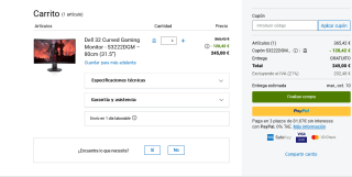 Monitor curvo Dell 32" 165Hz S3222DGM por solo 245€