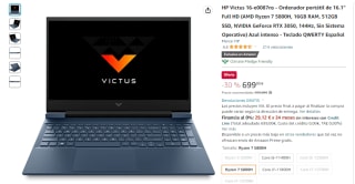 Portatil HP Victus 16-e0087ns con AMD Ryzen 7 5800H de 16GB/512GB SSD por 699€