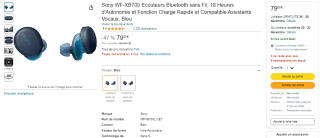 Ecouteurs sans fil Sony True Wireless WF-XB700 à 79€
