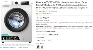 Lavadora Hisense WFQP901418VM Carga Frontal 9 Kg Lavado, 1400 rpm por 296€