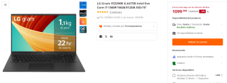 Portatil LG Gram 15ZD90R-G. AX75B Intel Evo Core i7-1360P/16GB/512GB SSD/15" por 1099€
