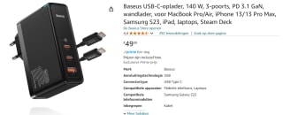 Baseus USB C oplader, 140W 3-poorts PD 3.1 voor €49,99 bij Amazon