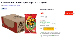 Cheetos Nibb It Sticks Chips 20 zakken van 110 gram voor €14,99 bij Bol.com