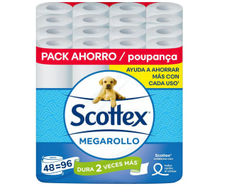 2 Scottex Papel Higiénico Megarollo 48 rollos total 192 Unidades por 29€