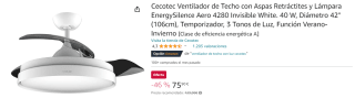 Ventilador de Techo con Aspas Retráctites y Lámpara EnergySilence Aero 4280 Invisible White. 40 W, Diámetro 42" por 75,90€