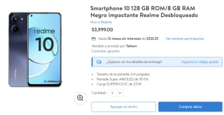 Realme 10 8GB 128GB a $3,999 en Walmart