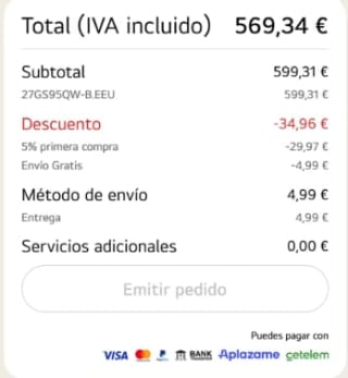 Monitor gaming UltraGear OLED QHD 240Hz de 27 pulgadas por 569,34€