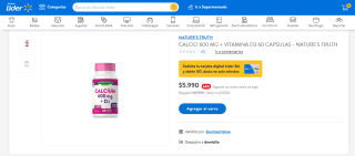 CALCIO 600 MG + VITAMINA D3 60 CAPSULAS - NATURE'S TRUTH por $5.990