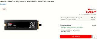 Samsung 990 PRO - Interne SSD met Heatsink - PCIe 4.0 - NVMe M.2 - PS5 Compatibel - 4 TB voor €249,99 bij de Mediamarkt in België
