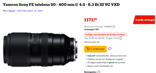 Tamron - 50-400mm F/4.5-6.3 Di III VC VXD - Sony FE - Ultra-telefotozoom voor €1.171,30 bij Bol