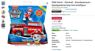 PAW Patrol - Marshall - Brandweerauto - Speelgoedvoertuig met actiefiguur voor 9,99 euro