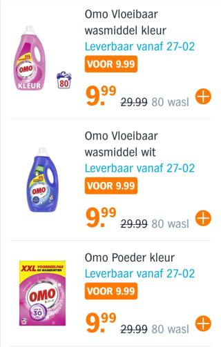 Alle omo 80 wasbeurten voor 9,99 bij Ah