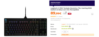 Teclado Mecánico TKL Gaming RGB Switch GX Blue con Clic Perceptible Logitech G PRO por 89.99€