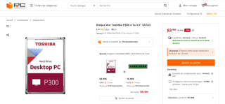 Disque dur Toshiba P300 4 To 3,5" SATA3 à 83,99€