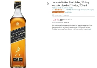 Johnnie Walker Black label, Whisky escocés blended 12 años, 700 ml por 20.76€