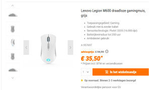 Lenovo Legion M600 Wireless Gaming muis voor €35,50 bij Nbb