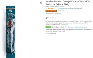 2 Sanchez Romero Carvajal Chorizo Vela 100% Ibérico de Bellota, 200g por 8.89€