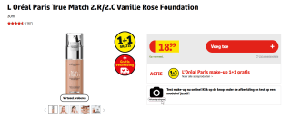 1+1 gratis op L Oréal Paris True Match 2.R/2.C Vanille Rose Foundation bij Kruidvat