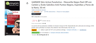 2 Unidades de GARNIER Skin Active PureActive - Mascarilla Negra Peel Off con Carbón y Ácido Salicílico Anti Puntos Negros, Espinillas y Poros de la Nariz, 50 ml por 7.21€