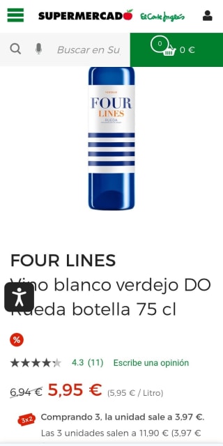 Pack de 3 botellas Four Lines Verdejo DO rueda por 11,90€.