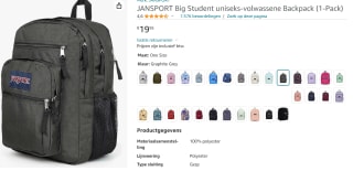 JanSport BIG STUDENT Rugzak, 34 Liter, met 15 inch laptopvak voor €19,95 bij Amazon
