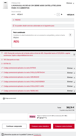 Lavavajillas AEG serie 6000 FFB53627ZW 13 cubiertos por 382,76€