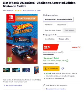Korting bij Bol.com op Hot Wheels Unleashed - Challenge Accepted Edition - Nintendo Switch